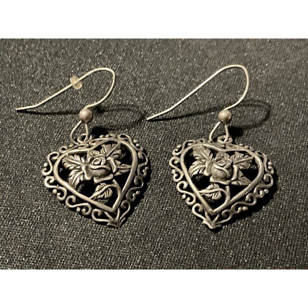 925 Sterling Silver Fish Hooks Floral Heart Earrings